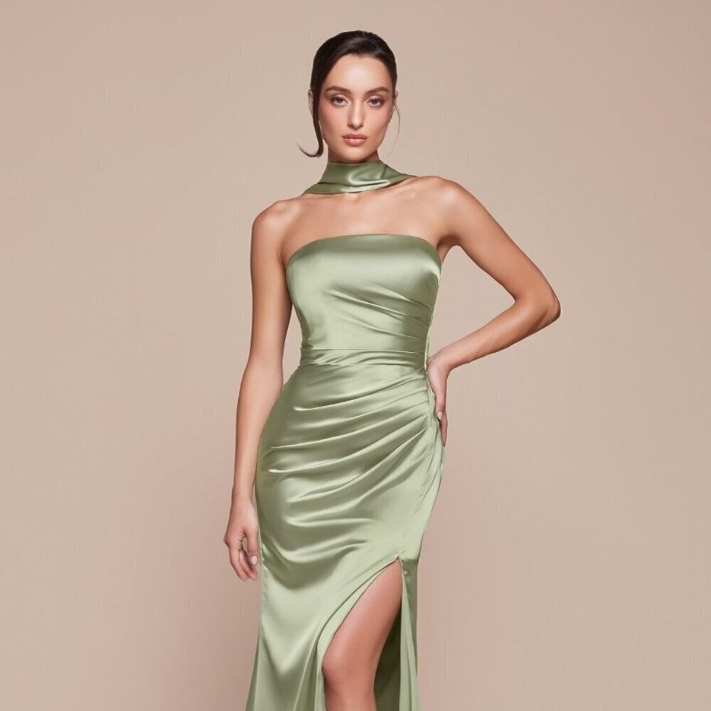New Formal Strapless Sheath Satin Dress W/ Straight Across Neck & Sash 7451
